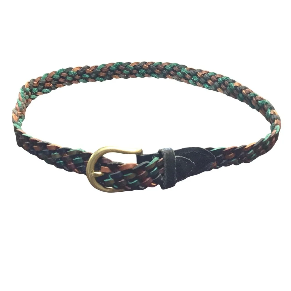 Vtg Multicolor Braided Leather Belt Women Small‎ Brass Buckle Woven Adjustable